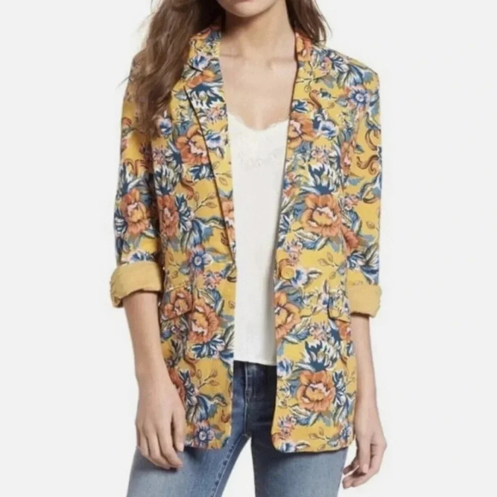Fun BP. blazer with floral pattern; relaxed fit.